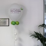 Corporate Solutions Logistics new logo on a 16 inch pearl white balloon- complete with 3-D butterfly!