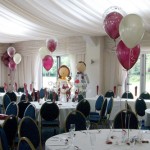 Calderfield Golf and Country Club - A Huff, Puff and Away! Happy Couple, plus 3-balloon Clusters in magenta and white, with magenta topiary balls in the room corners