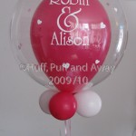 A Table Centrepiece lettered with the names of the Bride and Groom, plus hearts on the outer Bubble. A Table Centrepiece lettered with the names of the Bride and Groom, plus hearts on the outer Bubble.